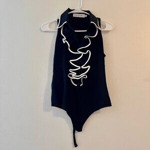 Anne Fontaine Black & White Ruffle Sleeveless Bodysuit Sz EU 40